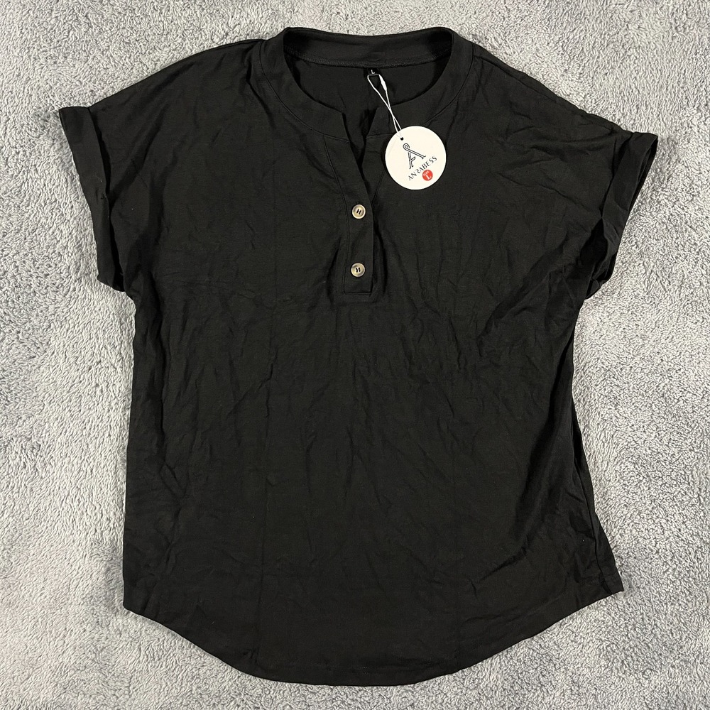 ANRABESS Henley T-Shirt Womens L Black Stretch Short Sleeve Round Hem Summer Tee